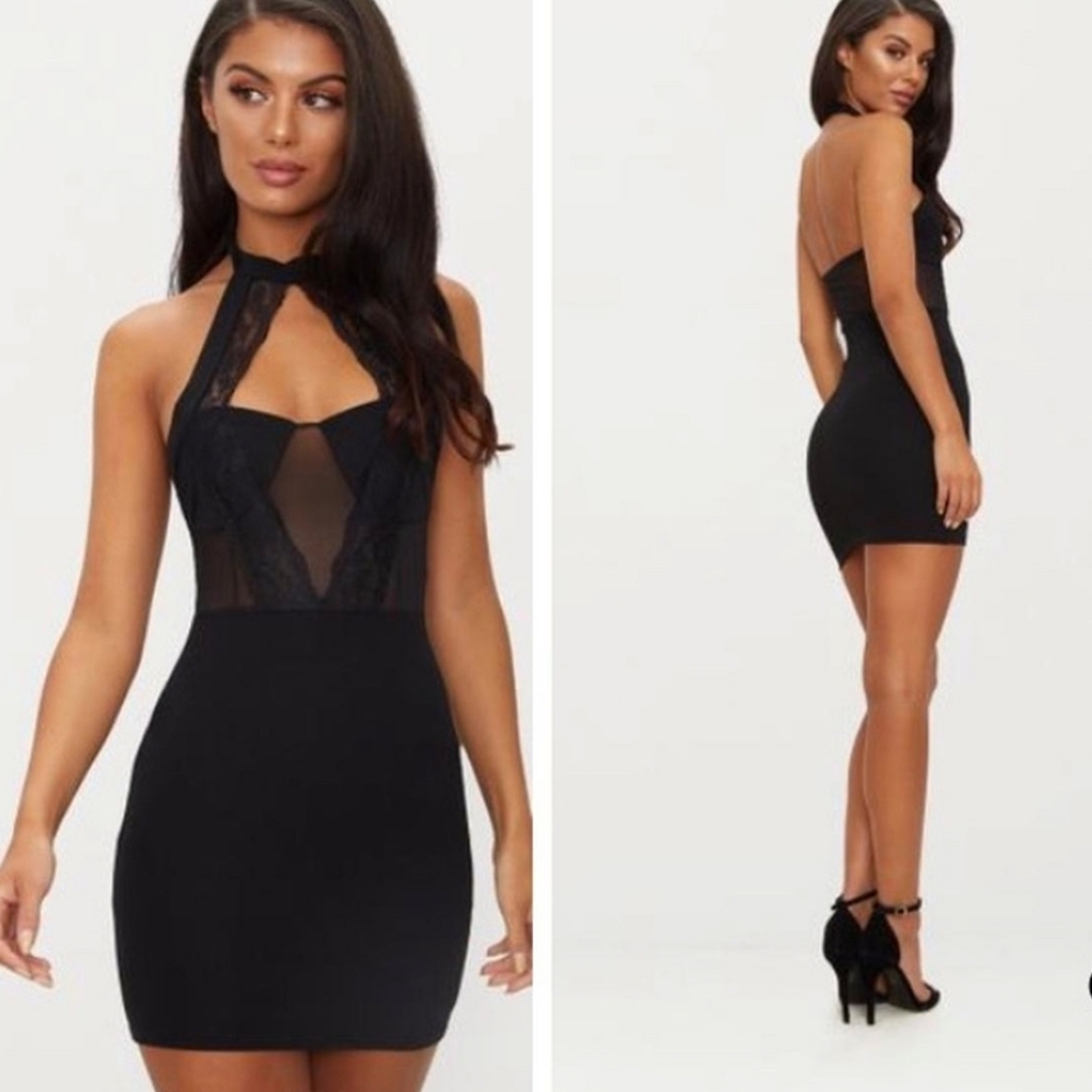 NWT PrettyLittleThing Black Lace Trim High Neck Sheer Top Bodycon Dress - Picture 1 of 11